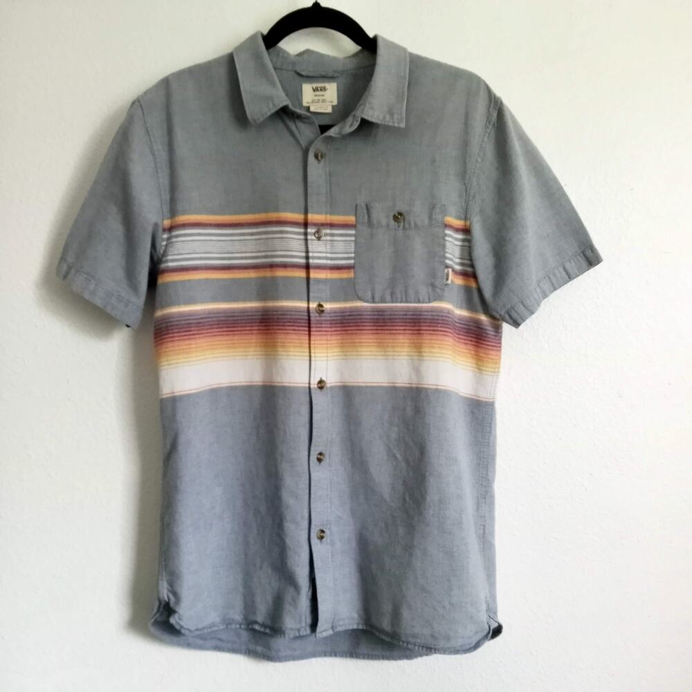 Vintage VANS Shirt Stripes Short Sleeve Button SZ M Cotton 90s Blue Orange